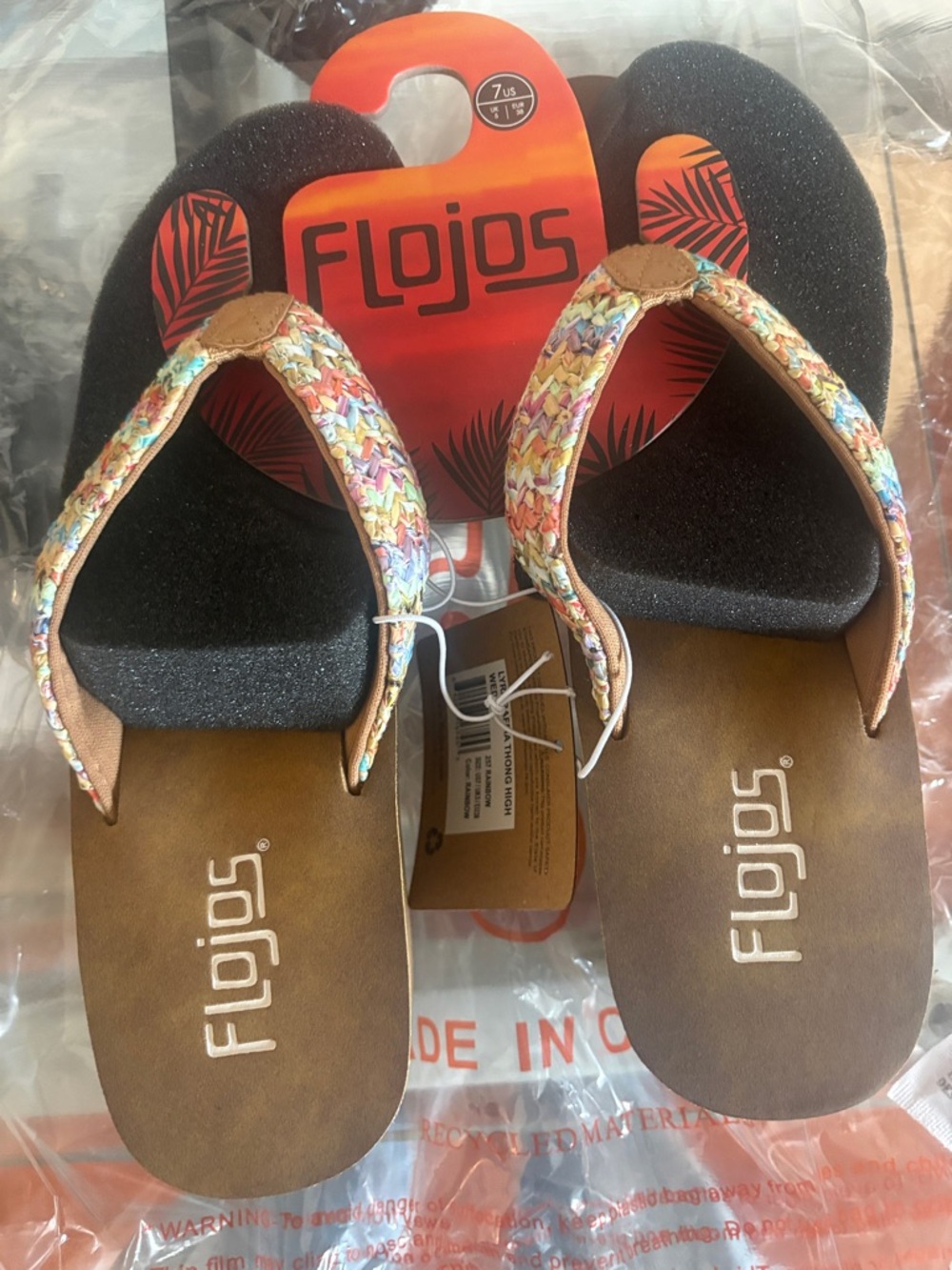 Flojos Multicolor Braided Strap Brown Footbed Flip Flops with wedge